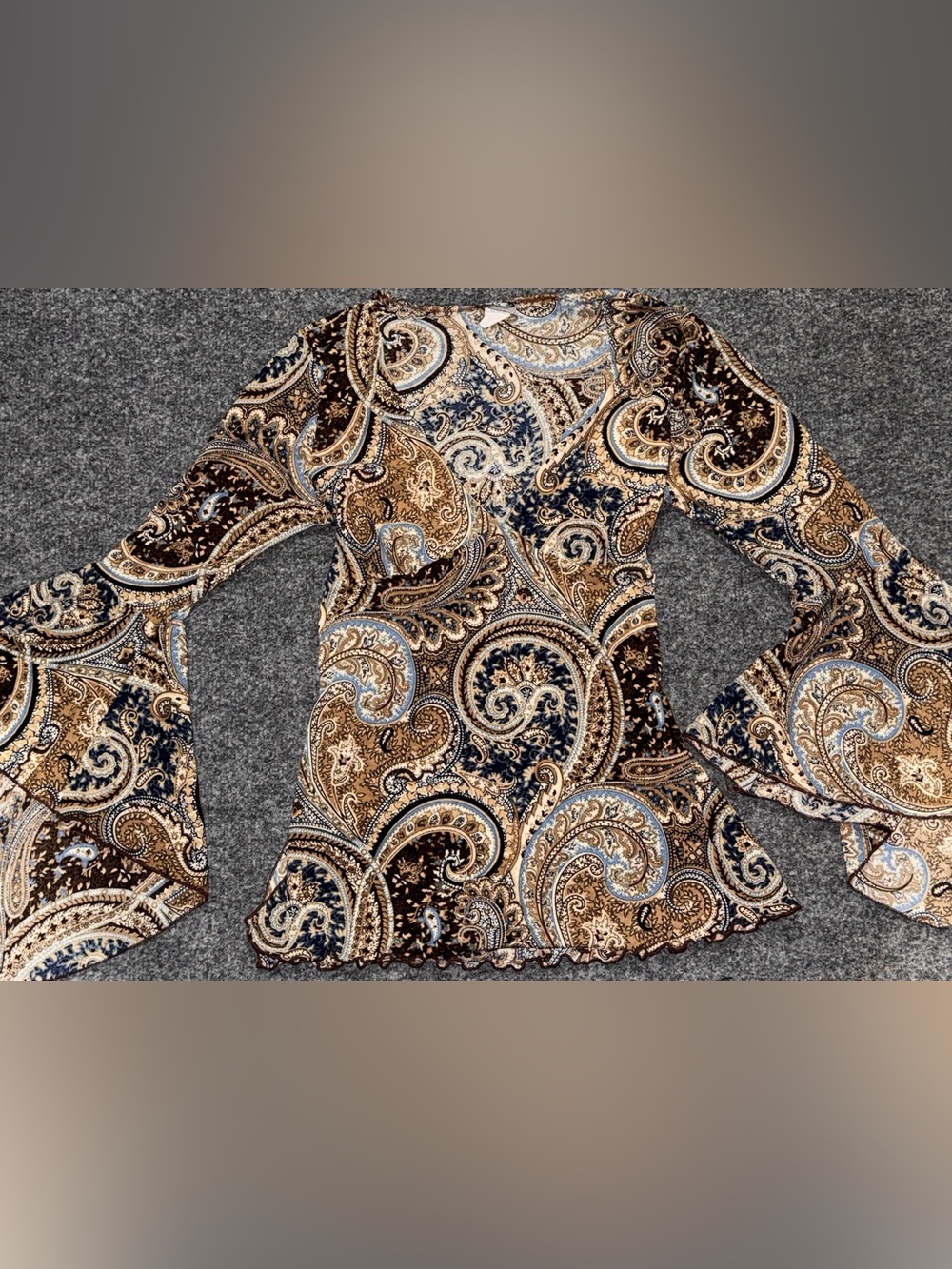 Vintage 1999 Rave Paisley Print Flare Sleeve Top Large Y2K Lettuce Edge V-Neck
